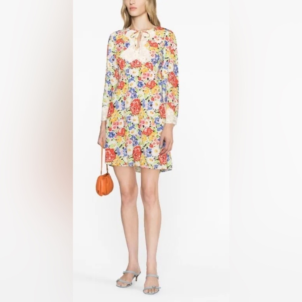 RIXO floral-print lace-panelling mini dress